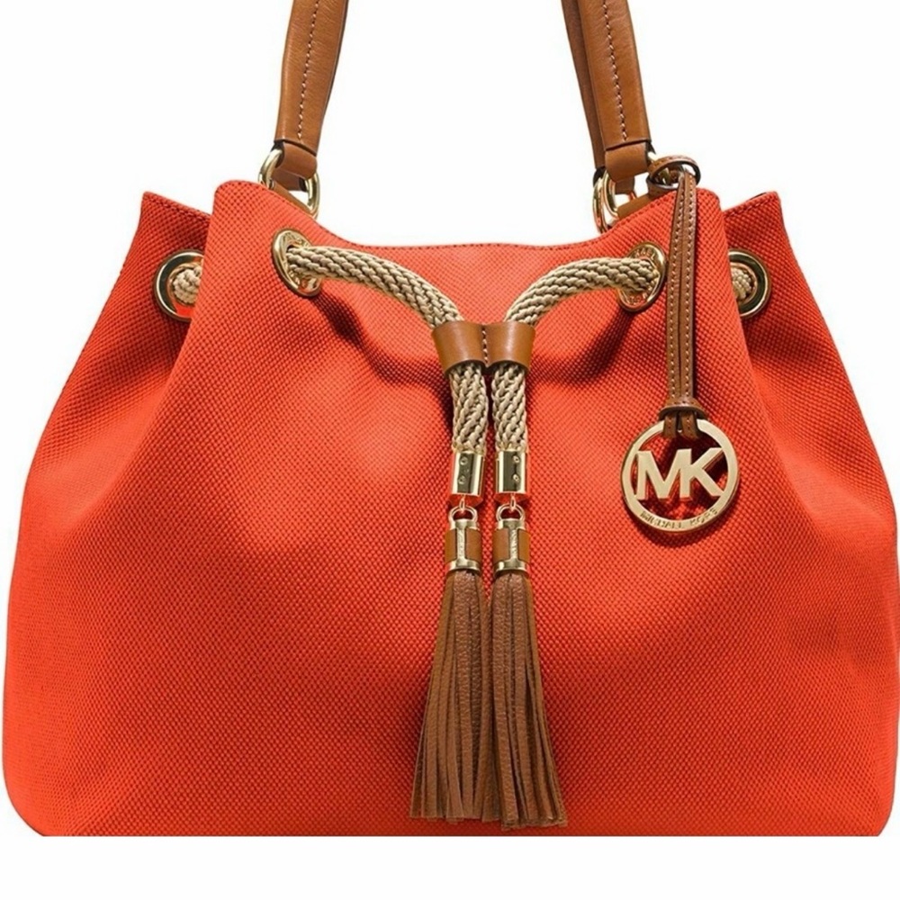 Michael Kors Red Canvas Shoulder Bag with Brown Accents